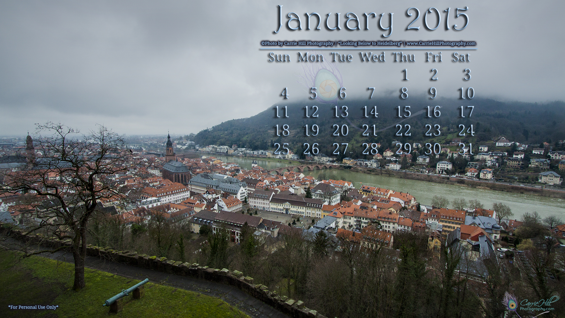 Looking Below to Heidelberg January 2015 Desktop Wallpaper Calendar 1920x1080