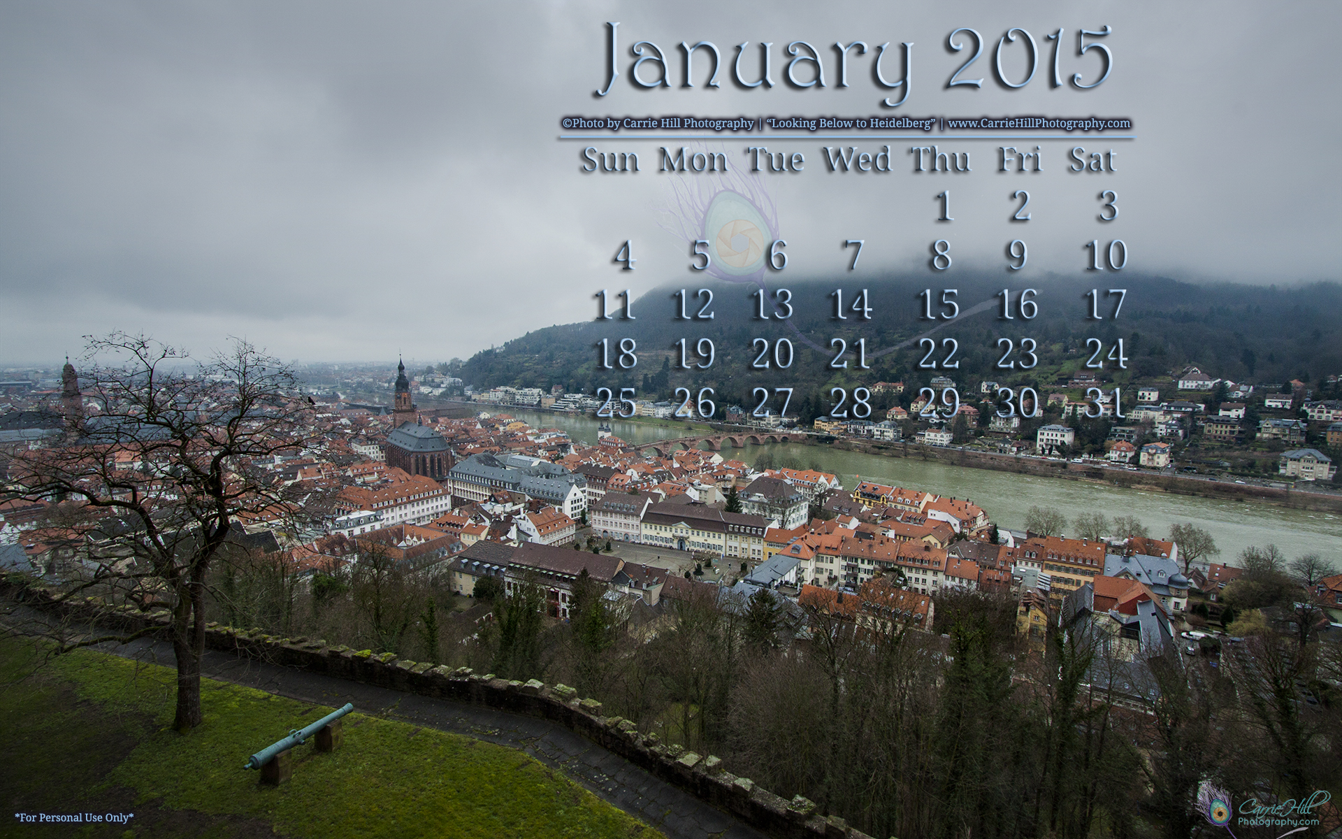 Looking Below to Heidelberg January 2015 Desktop Wallpaper Calendar 1920x1200